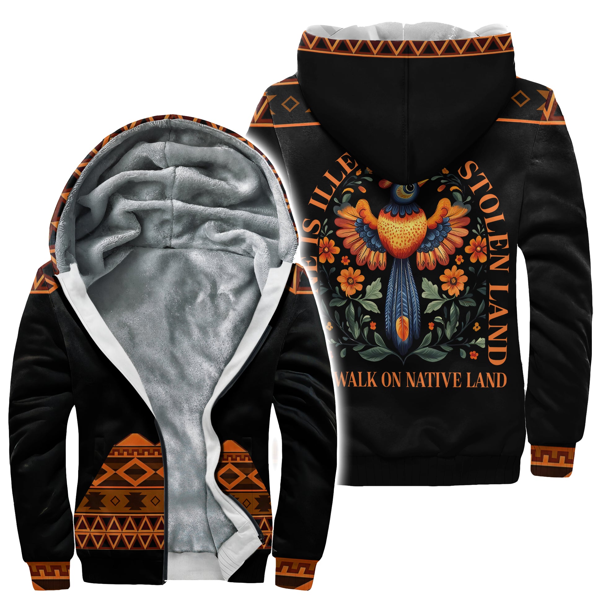 Black lightweight hooded jacket with "No one is illegal on stolen land" quote, bird, and trim.