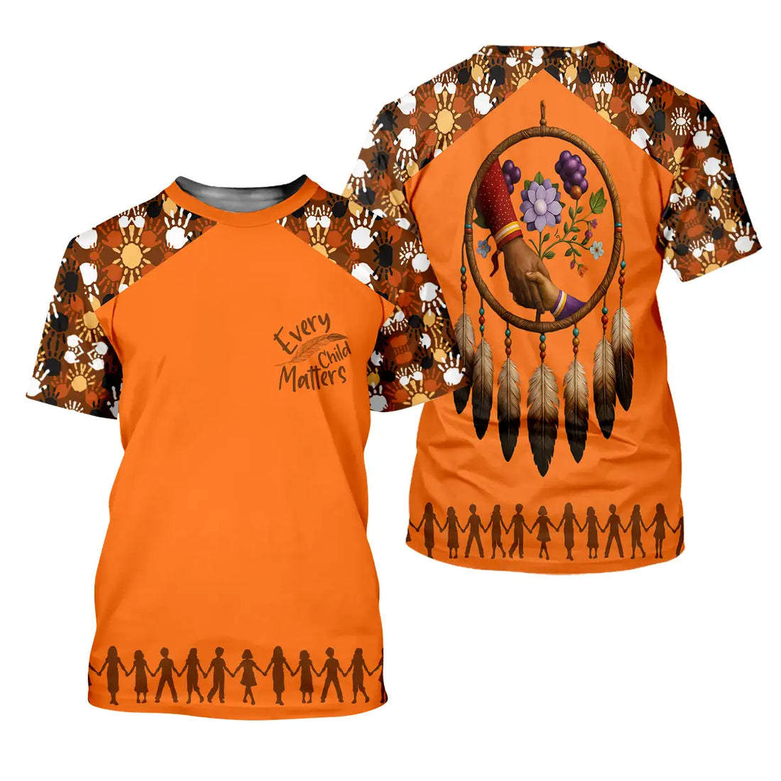 Orange polo shirt with feathers, hands shaking inside dreamcatcher, handprint motifs