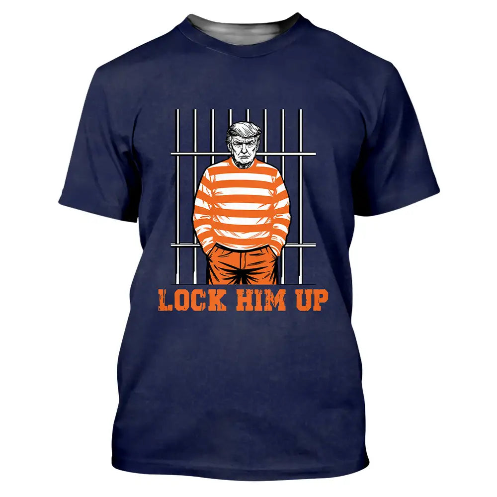 "Lock Him Up" Prison Stripes Graphic Tee - For Political Humor Lovers