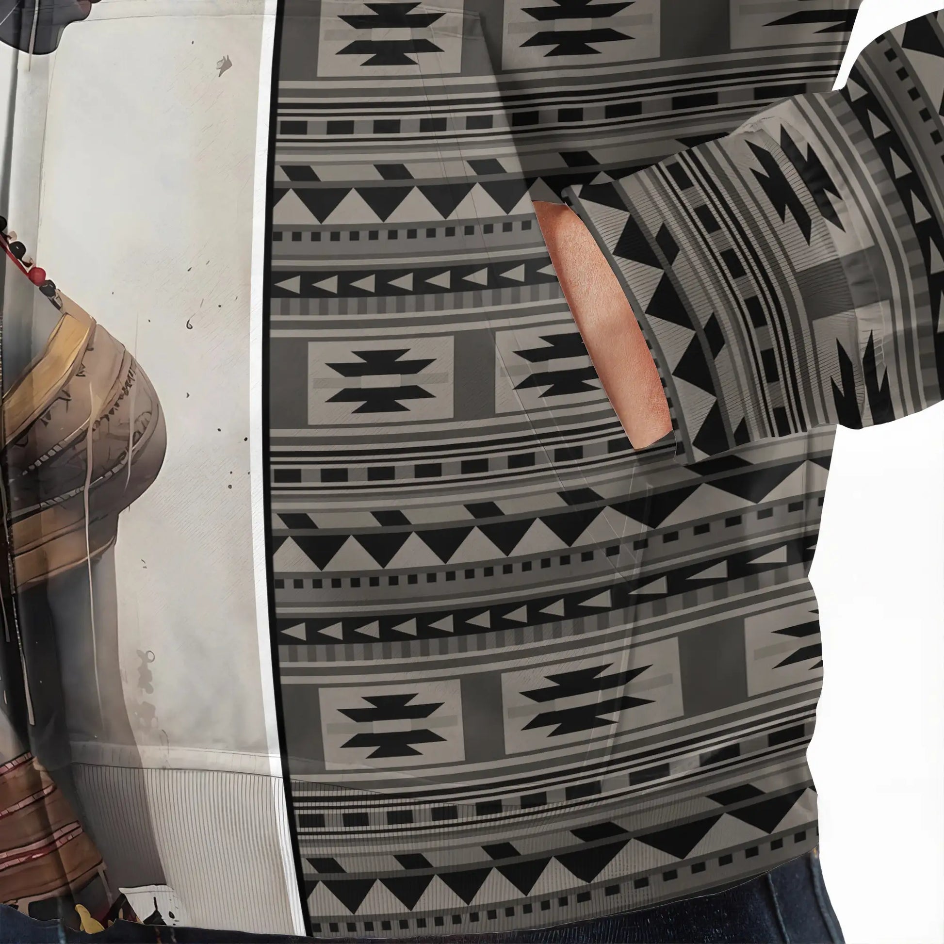 Close-up of hoodie pocket area highlighting geometric tribal print and fabric texture
