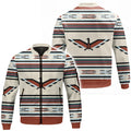 Front and back view of a men's bomber jacket featuring an Indigenous-inspired pattern. The jacket is cream-colored with horizontal stripes in shades of teal, brown, black, and light blue. A stylized Thunderbird design in brown, black, and light blue is prominent on both the front and back. The jacket has a full zipper closure, a ribbed collar, cuffs, and hem in reddish-brown, and a small zippered utility pocket on the left sleeve.