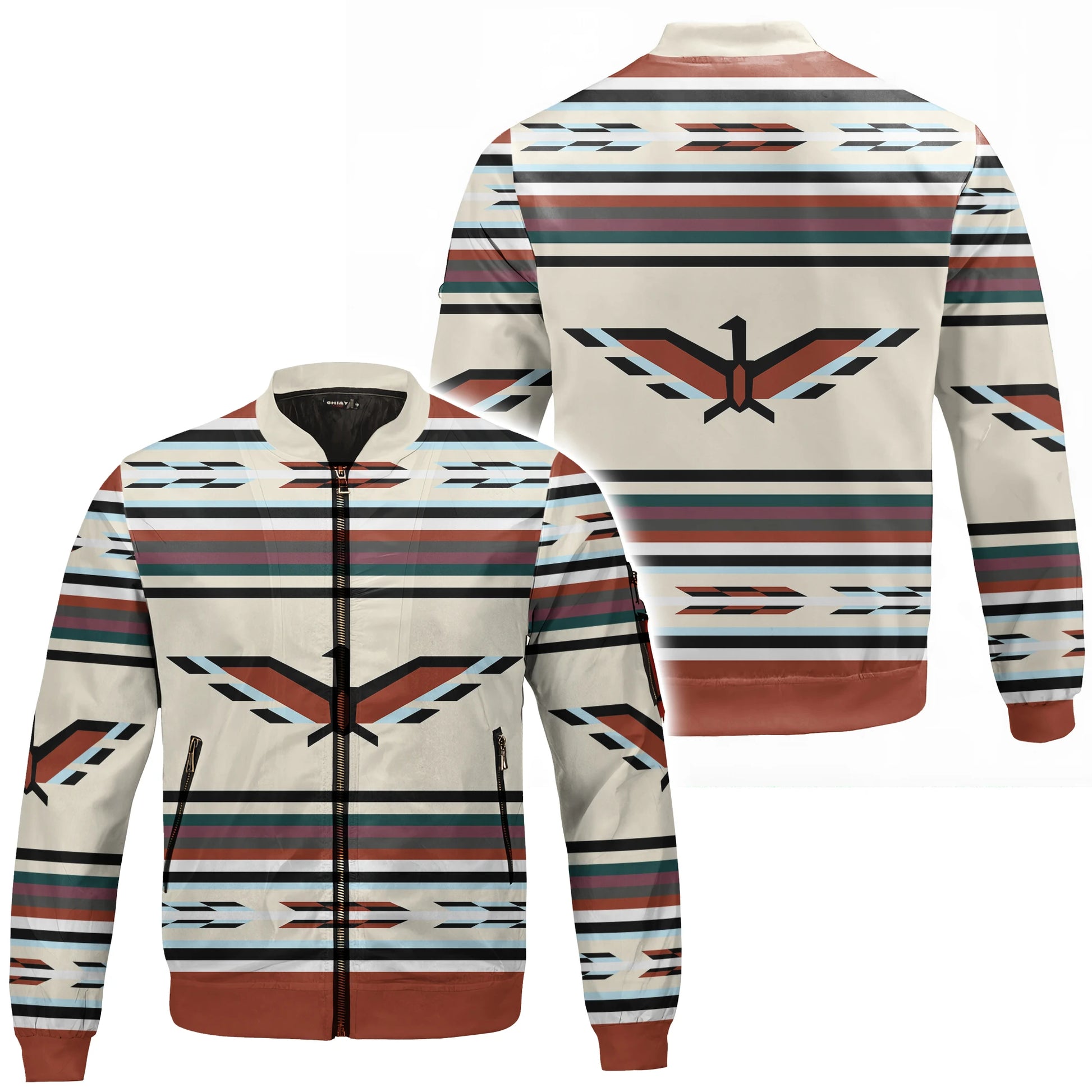 Front and back view of a men's bomber jacket featuring an Indigenous-inspired pattern. The jacket is cream-colored with horizontal stripes in shades of teal, brown, black, and light blue. A stylized Thunderbird design in brown, black, and light blue is prominent on both the front and back. The jacket has a full zipper closure, a ribbed collar, cuffs, and hem in reddish-brown, and a small zippered utility pocket on the left sleeve.