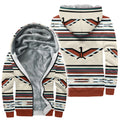 Front (partially open to show lining) and back view of a men's fleece-lined zip-up hoodie featuring an Indigenous-inspired pattern. The main body is cream-colored with horizontal stripes in shades of teal, brown, black, and light blue. A prominent stylized Thunderbird design in brown, black, and light blue is visible on both the front and back. The inside lining is soft, light grey fleece, and the ribbed cuffs and hem are reddish-brown.