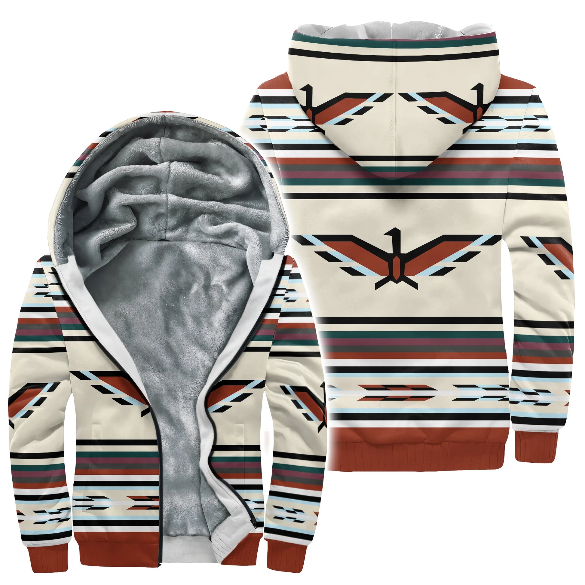 Front (partially open to show lining) and back view of a men's fleece-lined zip-up hoodie featuring an Indigenous-inspired pattern. The main body is cream-colored with horizontal stripes in shades of teal, brown, black, and light blue. A prominent stylized Thunderbird design in brown, black, and light blue is visible on both the front and back. The inside lining is soft, light grey fleece, and the ribbed cuffs and hem are reddish-brown.