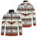 Front and back view of a men's lightweight hooded jacket featuring an Indigenous-inspired pattern. The jacket is cream-colored with horizontal stripes in shades of teal, brown, black, and light blue. A stylized Thunderbird design in brown, black, and light blue is prominently featured on both the front and back. It has a full zipper closure, an attached hood with a black lining, and reddish-brown cuffs and hem.