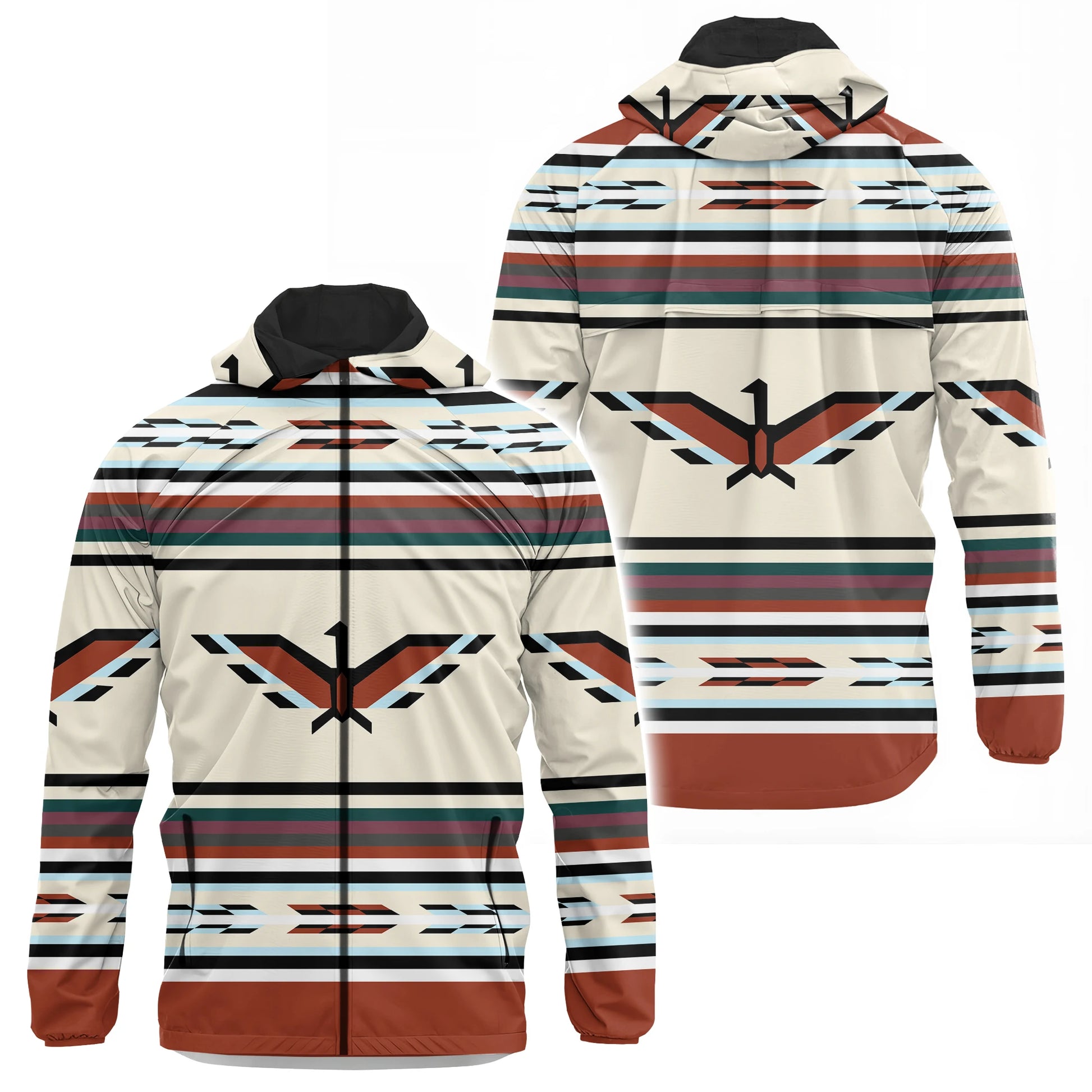 Front and back view of a men's lightweight hooded jacket featuring an Indigenous-inspired pattern. The jacket is cream-colored with horizontal stripes in shades of teal, brown, black, and light blue. A stylized Thunderbird design in brown, black, and light blue is prominently featured on both the front and back. It has a full zipper closure, an attached hood with a black lining, and reddish-brown cuffs and hem.