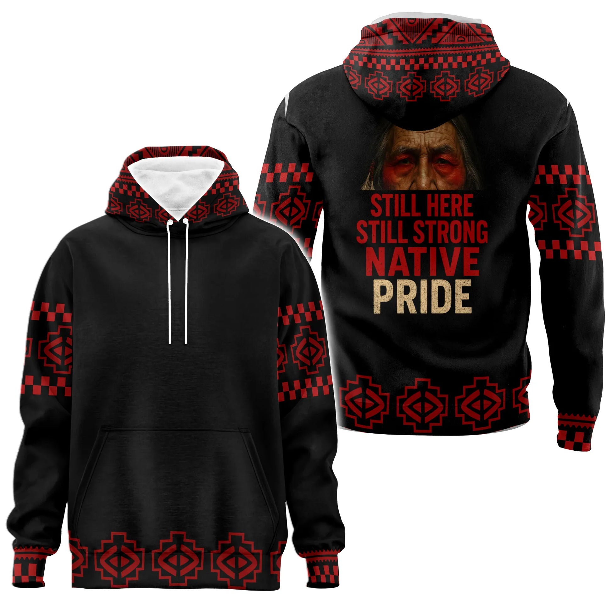 Pullover version of hoodie with front pouch pocket and powerful Native pride message on back