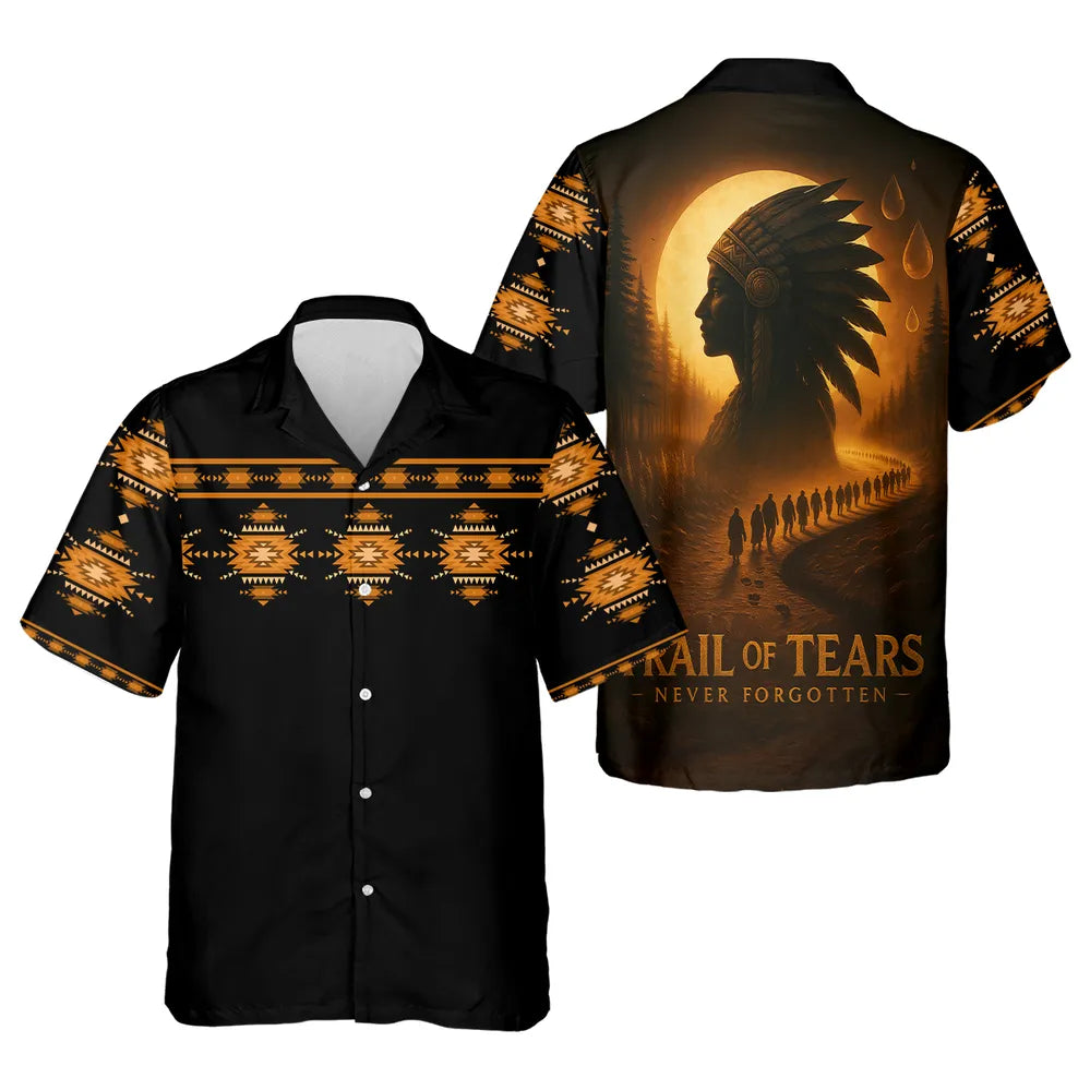 Black short‑sleeve button‑up camp shirt featuring orange tribal motifs on shoulders and sleeves; back art shows a tribal‑chief profile against a full moon and procession of figures, with “Trail of Tears – Never Forgotten.”