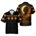 Black short‑sleeve button‑up camp shirt featuring orange tribal motifs on shoulders and sleeves; back art shows a tribal‑chief profile against a full moon and procession of figures, with “Trail of Tears – Never Forgotten.”
