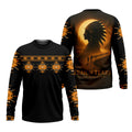 Black crewneck Long Sleeve T-shirt with orange Native American geometric stripe across chest and sleeves; back includes a headdress silhouette, teardrop symbols, and walkers beneath a glowing moon, with “Trail of Tears – Never Forgotten