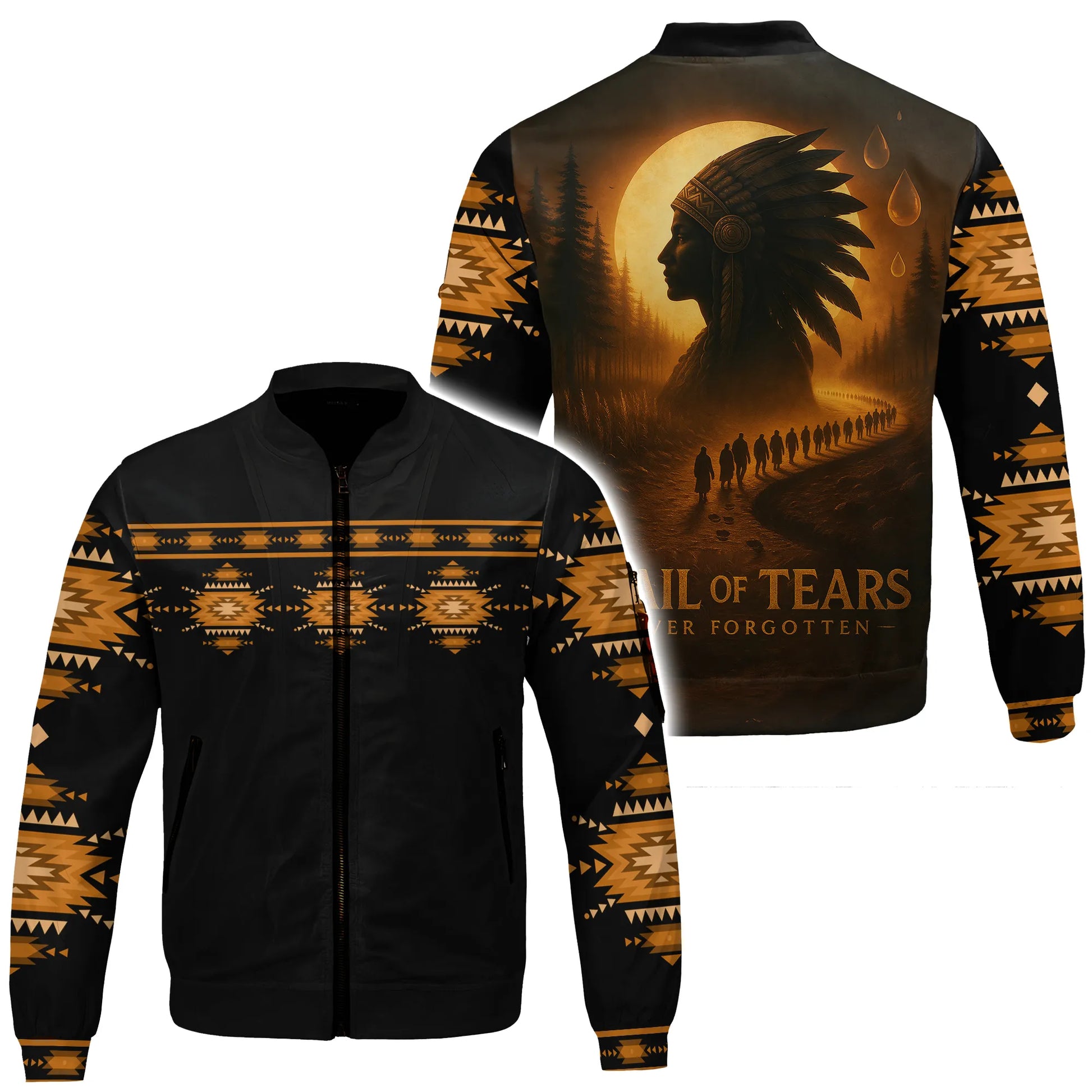 A stylish bomber jacket designed to honor indigenous heritage with its "Trail of Tears: Never Forgotten" theme. The back of the jacket showcases a poignant image of a Native American leader and a procession under a full moon, with falling tear drops. The body of the jacket is black with striking golden tribal patterns on the sleeves and a horizontal band across the chest. This apparel offers a contemporary way to express remembrance and support for indigenous history.