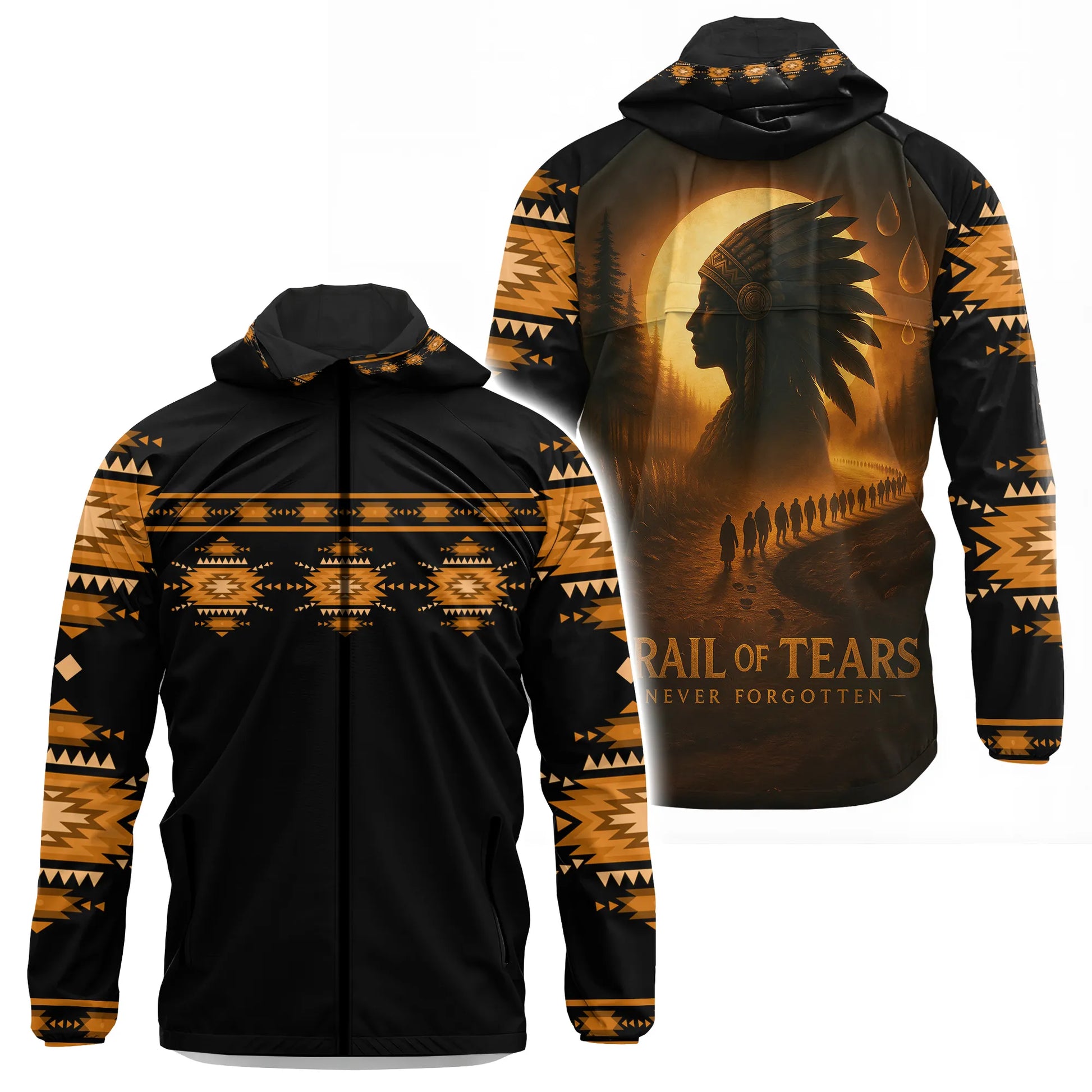 This hooded windbreaker jacket features a impactful "Trail of Tears: Never Forgotten" design, serving as a powerful piece of indigenous heritage remembrance apparel. The back vividly portrays a Native American chief's profile and a mournful procession under a glowing moon, with symbolic tear drops. The black jacket is accented with bold golden tribal patterns on the sleeves and hood, making it a visible statement. Lightweight and practical, it's suitable for various occasions where you wish to honor and rem