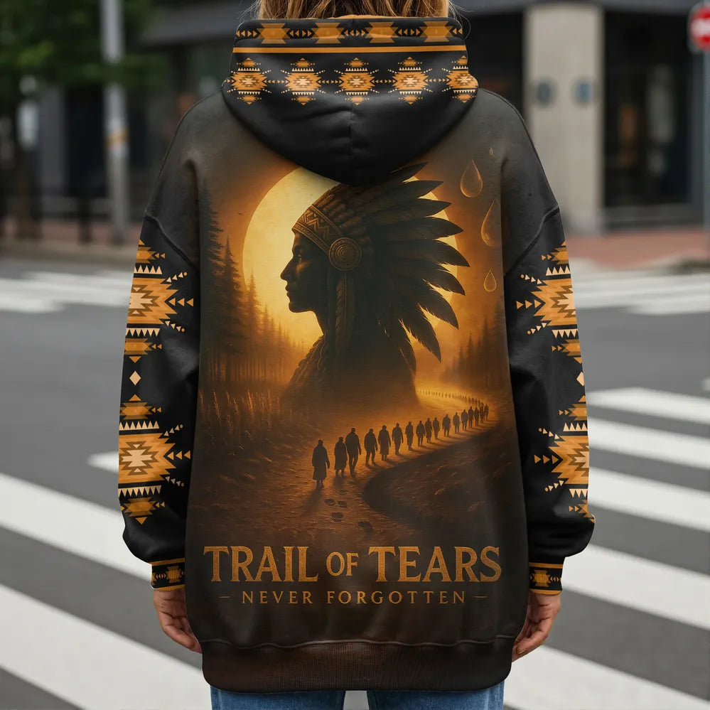 Black hoodie commemorating "Trail of Tears" with a Native American silhouette, moon, walking figures, and golden tribal patterns. Features "TRAIL OF TEARS - NEVER FORGOTTEN -" text, symbolizing remembrance and indigenous heritage.
