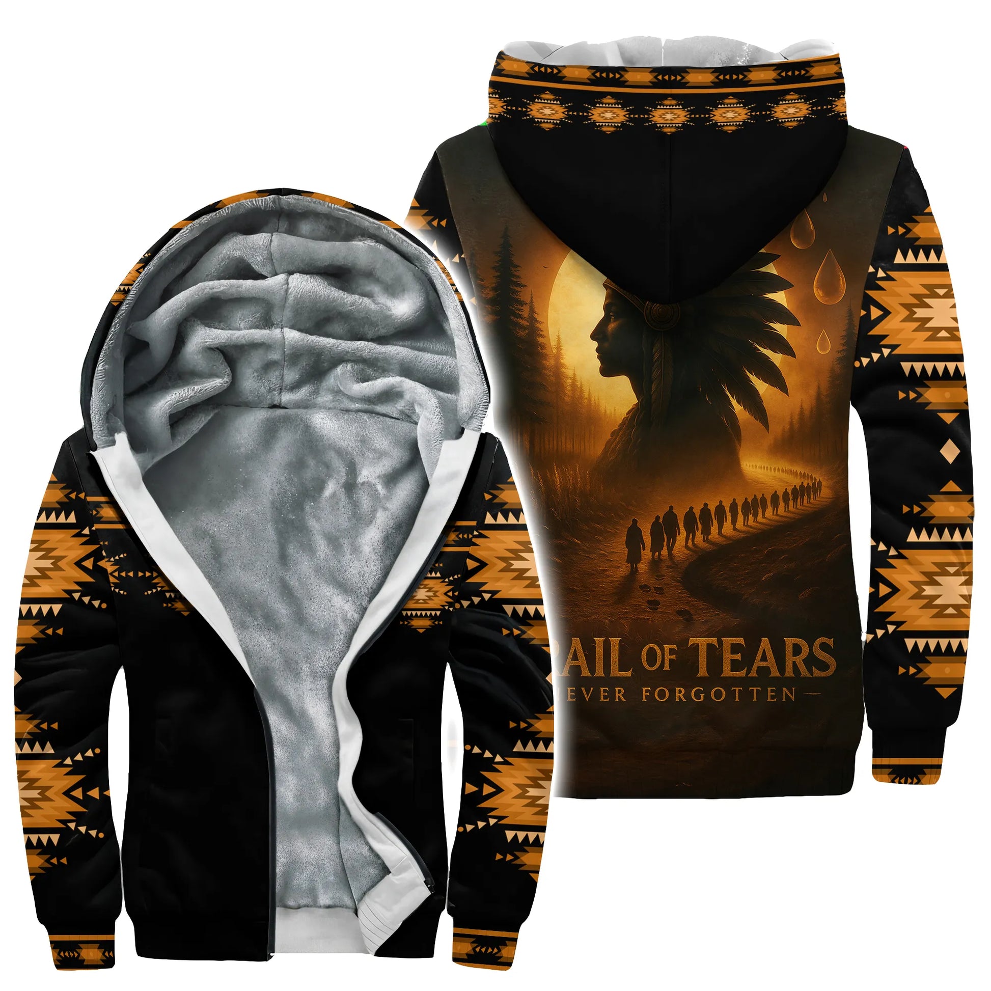 This warm, fleece-lined hoodie features a powerful "Trail of Tears: Never Forgotten" design, serving as a solemn remembrance of indigenous heritage. The back depicts a Native American chief's profile under a full moon, with a solemn procession, while tear drops fall. The sleeves and front feature a striking golden tribal pattern against a black background. Ideal for cold weather, this hoodie combines comfort with a meaningful tribute to history and resilience.