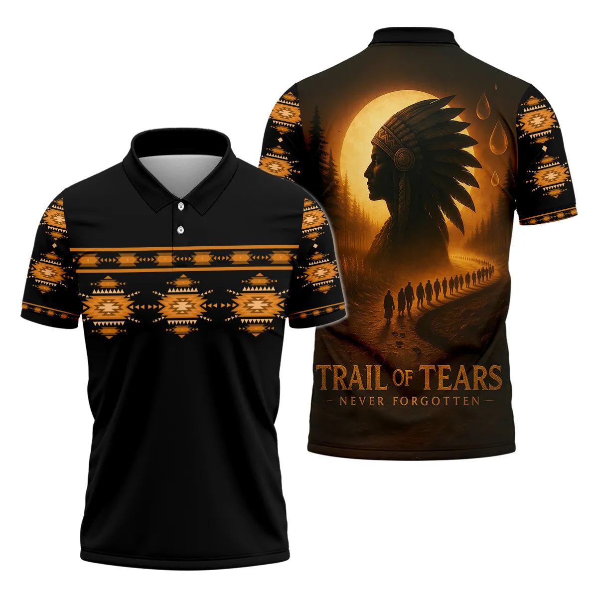 Black polo shirt with orange Native American geometric patterns across chest and sleeves; back features a glowing moon, tribal‑chief headdress silhouette, silhouettes of walkers on a winding path, and the text “Trail of Tears – Never Forgotten.”