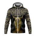 Bold black and gold hoodie with tribal patterns, highlighting an artwork of a Native elder sitting near a fire with a buffalo skull, representing strength and heritage