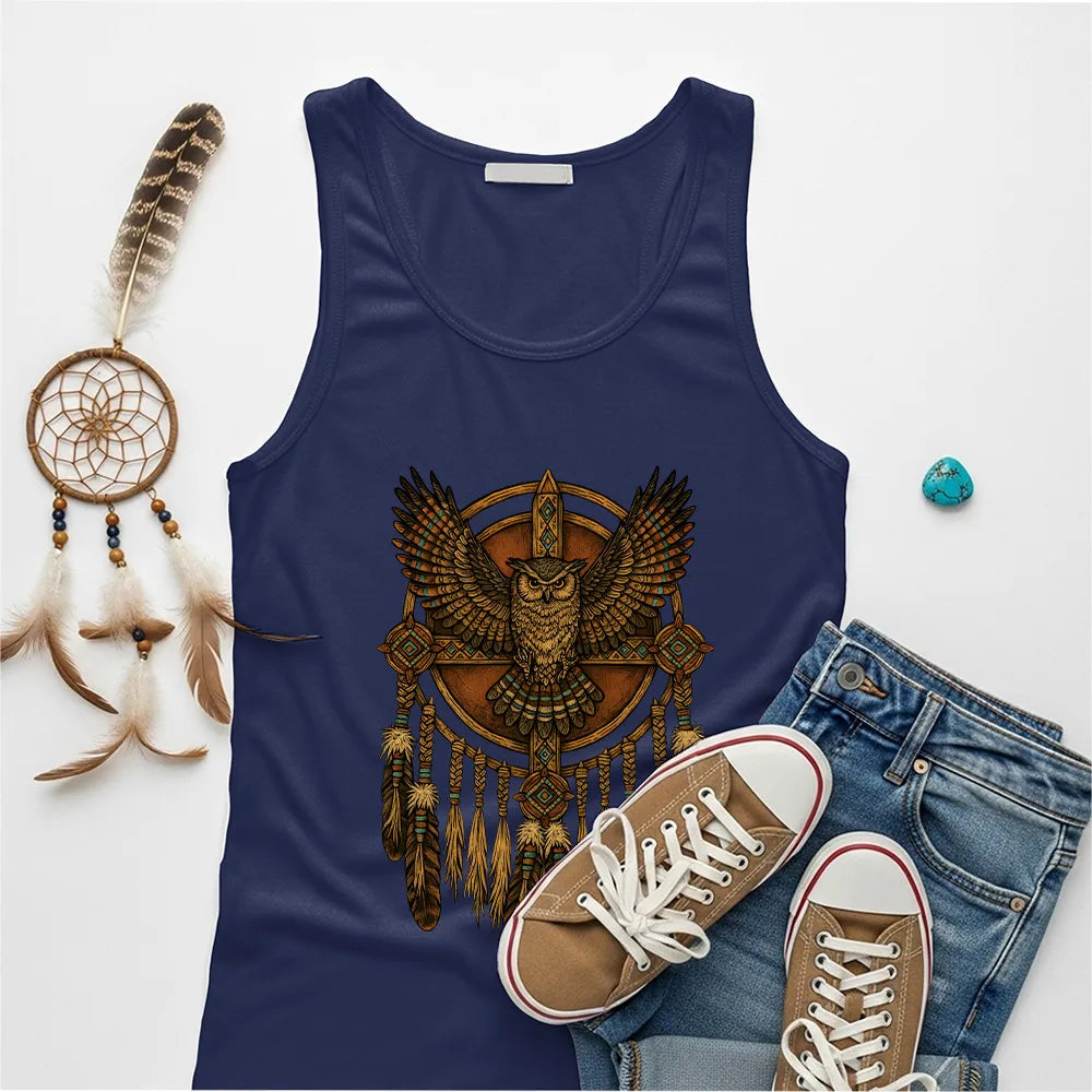 Navy tank top featuring a tribal owl and dreamcatcher design, symbolizing strength and cultural heritage.