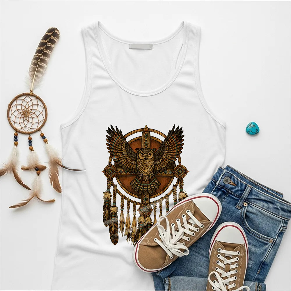 Navy tank top featuring a tribal owl and dreamcatcher design, symbolizing strength and cultural heritage.