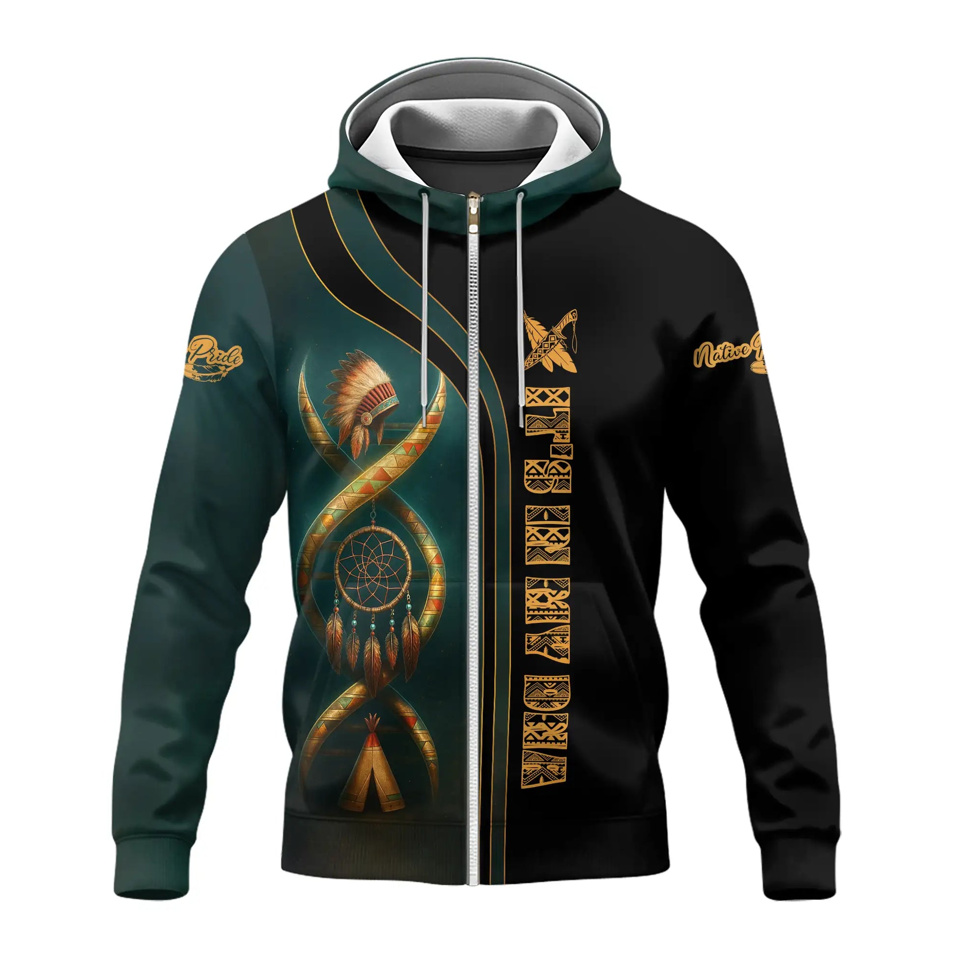 Front-facing jacket with golden tribal graphics and warbonnet design