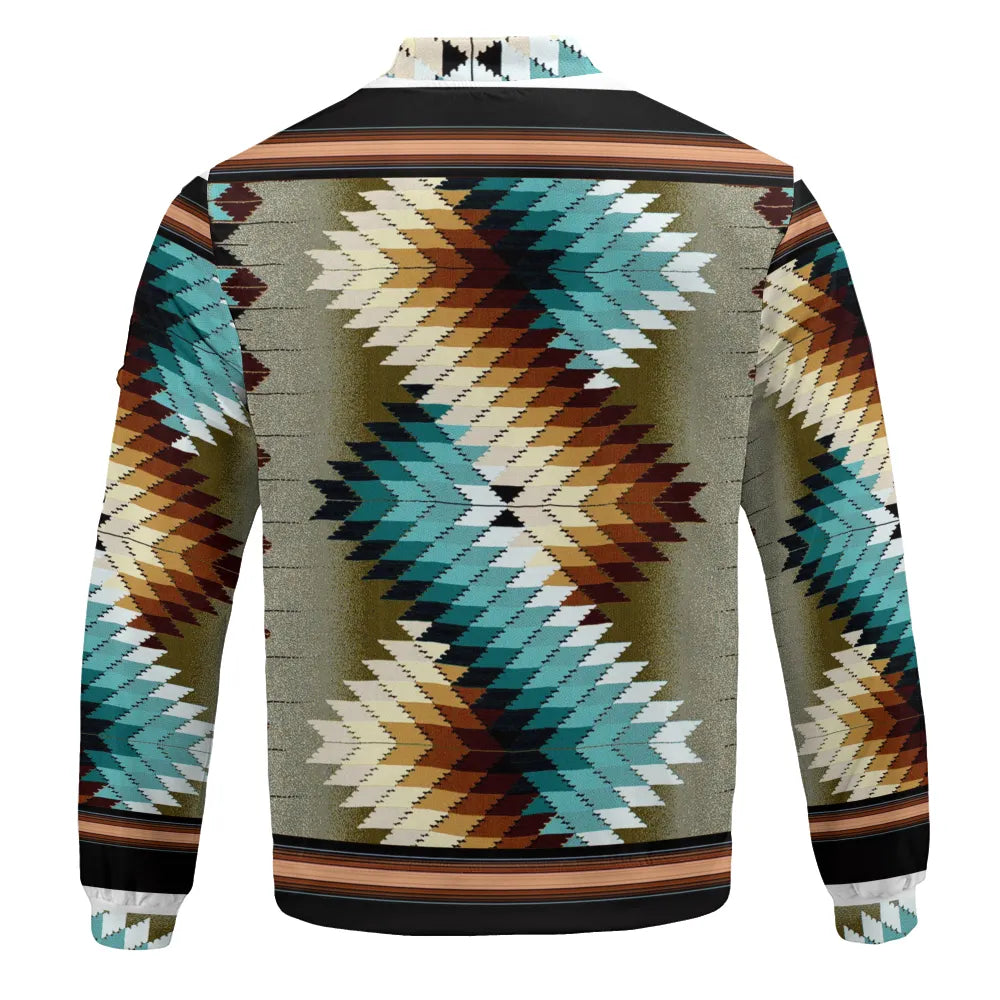 Rear flat view of the Tribal Spirit Bomber Jacket, showing symmetrical Southwestern geometric motifs stretching across the back in shades of teal, rust, cream, and black, framed by striped borders on a textured olive field.
