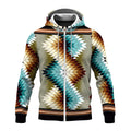 Front view of a zip-up fleece jacket displaying a bold, geometric southwestern diamond motif in teal, rust, cream, and olive hues, set against an olive-hued backdrop with a black hem and cuff accents.