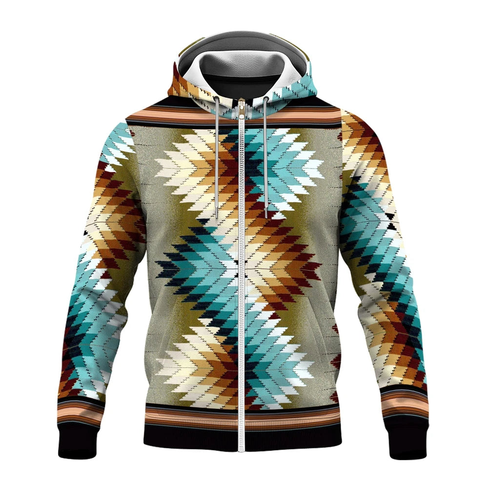 Front view of a zip-up fleece jacket displaying a bold, geometric southwestern diamond motif in teal, rust, cream, and olive hues, set against an olive-hued backdrop with a black hem and cuff accents.