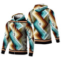 Front and back views of a zip-up fleece jacket featuring a large southwestern diamond pattern in turquoise, cream, rust, and olive tones on a mottled olive background, with black cuffs and hem.