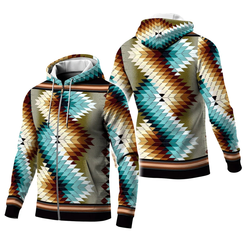 Front and back views of a zip-up fleece jacket featuring a large southwestern diamond pattern in turquoise, cream, rust, and olive tones on a mottled olive background, with black cuffs and hem.
