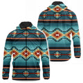 Front (partially open to show lining) and back view of a men's thick, fleece-lined zip-up hoodie featuring a vibrant Southwestern geometric pattern. The pattern primarily consists of horizontal stripes in shades of turquoise, teal, and black, interspersed with diamond and X-shaped motifs in orange, red, and cream. The inside lining is soft, light grey fleece.