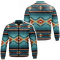 Front and back view of a men's lightweight hooded jacket featuring a vibrant Southwestern geometric pattern. The pattern consists of horizontal stripes in various shades of turquoise and black, accented by diamond and X-shaped designs in orange, red, and cream. The jacket has a full zipper closure and an attached hood.