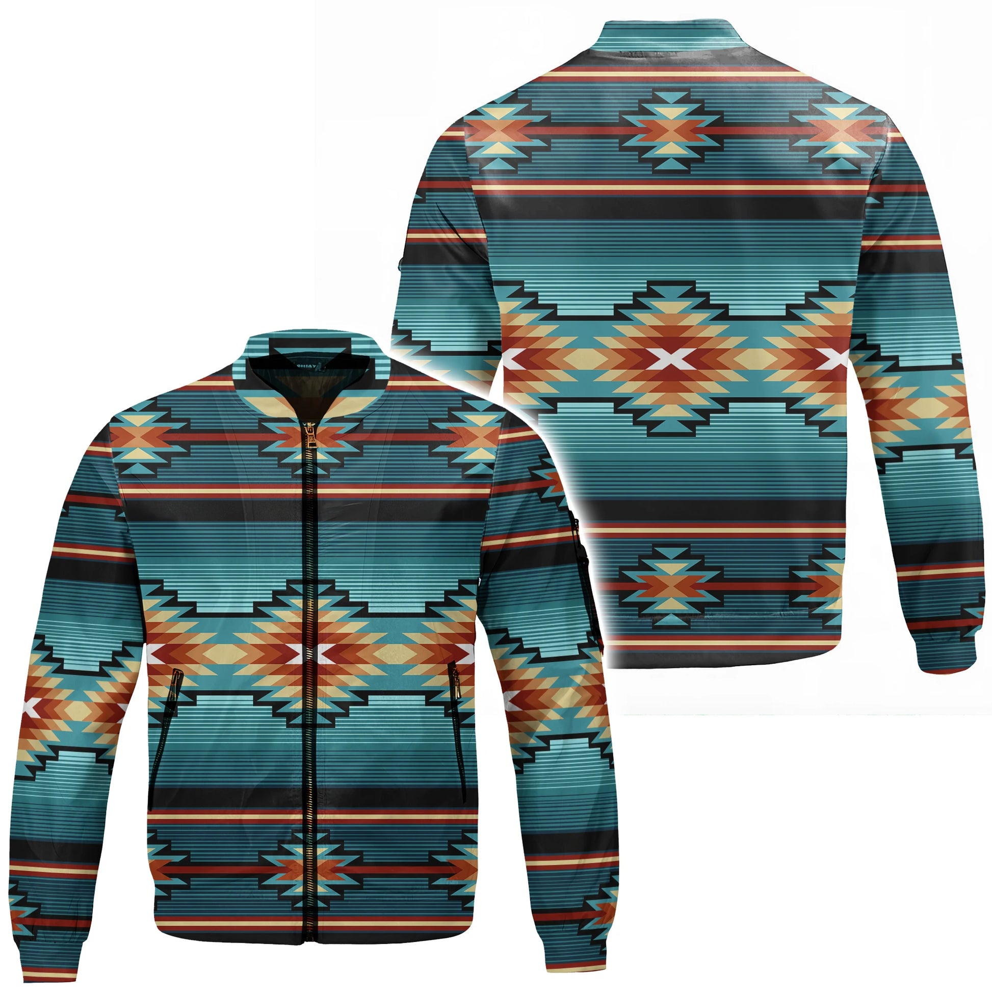 Front and back view of a men's lightweight hooded jacket featuring a vibrant Southwestern geometric pattern. The pattern consists of horizontal stripes in various shades of turquoise and black, accented by diamond and X-shaped designs in orange, red, and cream. The jacket has a full zipper closure and an attached hood.