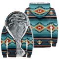 Front and back view of a men's lightweight hooded jacket featuring a vibrant Southwestern geometric pattern. The pattern consists of horizontal stripes in various shades of turquoise and black, accented by diamond and X-shaped designs in orange, red, and cream. The jacket has a full zipper closure and an attached hood.