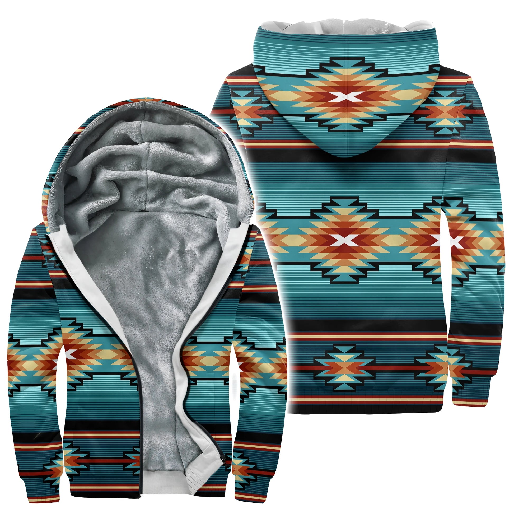 Front and back view of a men's lightweight hooded jacket featuring a vibrant Southwestern geometric pattern. The pattern consists of horizontal stripes in various shades of turquoise and black, accented by diamond and X-shaped designs in orange, red, and cream. The jacket has a full zipper closure and an attached hood.
