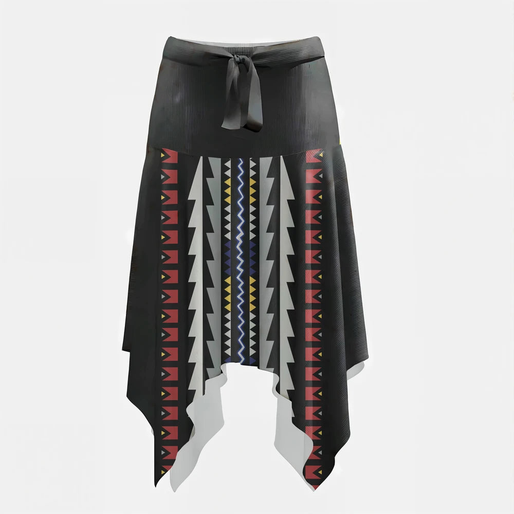 Full-body shot of a lady wearing a unique black geometric boho dress and skirt, perfect for tribal-inspired casual fashion.