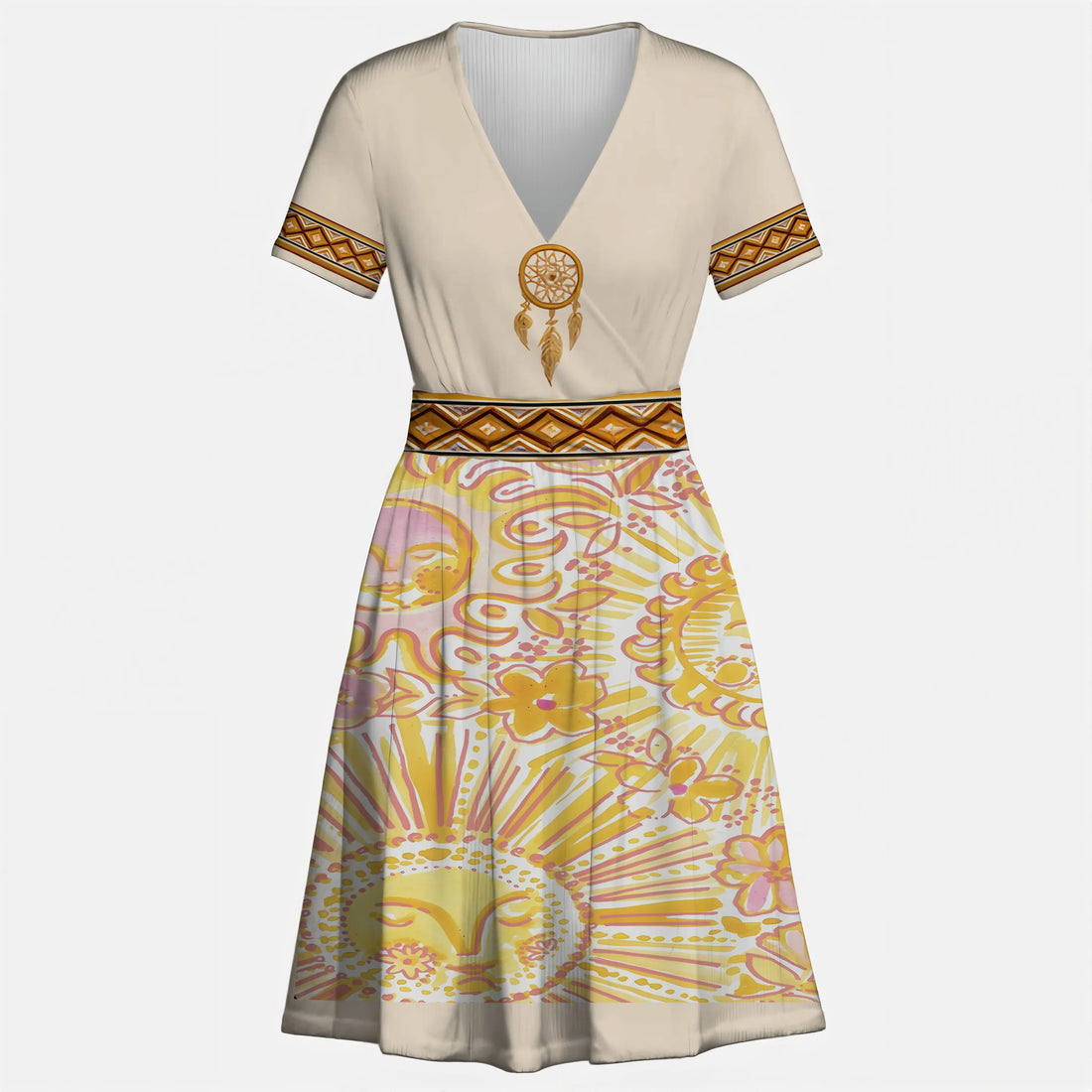 Beige dress featuring a dreamcatcher design on the chest and sunburst floral patterns in yellow and pink on the skirt, inspired by Native American culture.