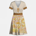 Front view of beige dress with dreamcatcher chest design and sunburst floral patterns in yellow and pink, symbolizing Native American traditions.