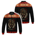 A bomber jacket with a bold Native American-inspired design combining wolf and warrior imagery with a dreamcatcher motif.