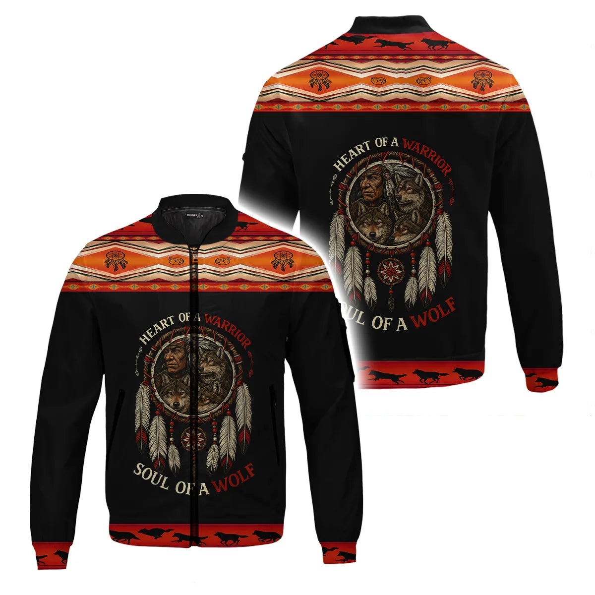 A bomber jacket with a bold Native American-inspired design combining wolf and warrior imagery with a dreamcatcher motif.