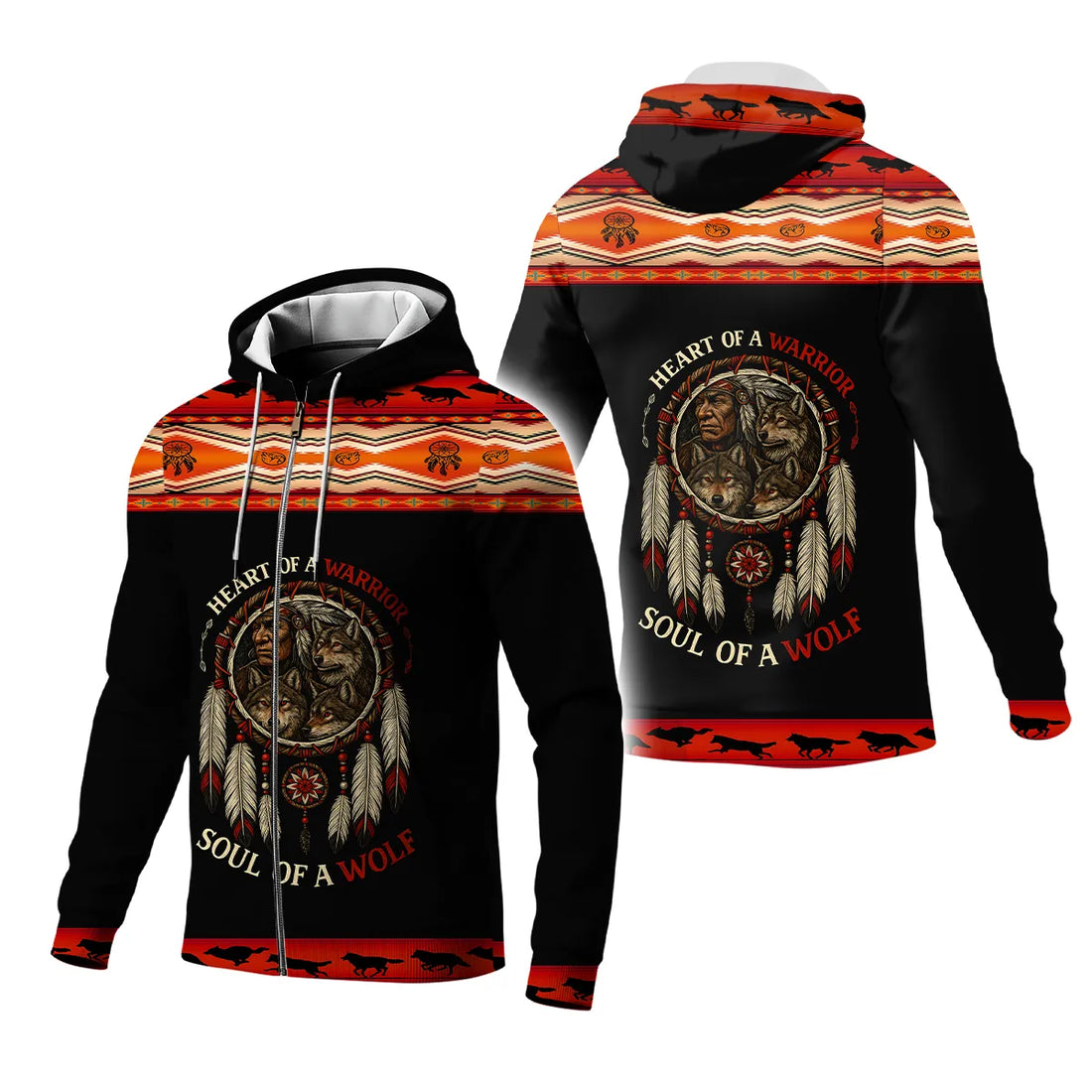A fleece jacket with a bold Native American-inspired design combining wolf and warrior imagery with a dreamcatcher motif.