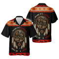 A Hawaiian shirt with a bold Native American-inspired design combining wolf and warrior imagery with a dreamcatcher motif.