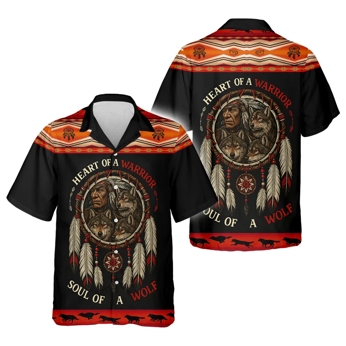 A Hawaiian shirt with a bold Native American-inspired design combining wolf and warrior imagery with a dreamcatcher motif.