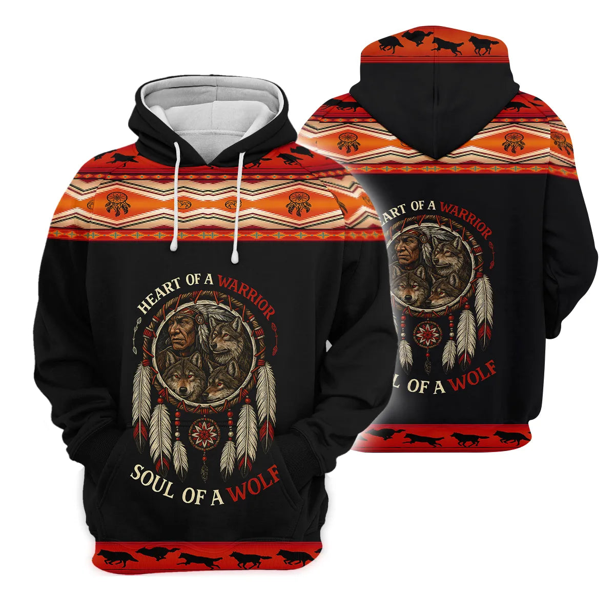 A hoodie with a bold Native American-inspired design combining wolf and warrior imagery with a dreamcatcher motif.