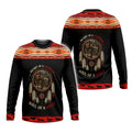 A Long sleeve T shirt with a bold Native American-inspired design combining wolf and warrior imagery with a dreamcatcher motif.
