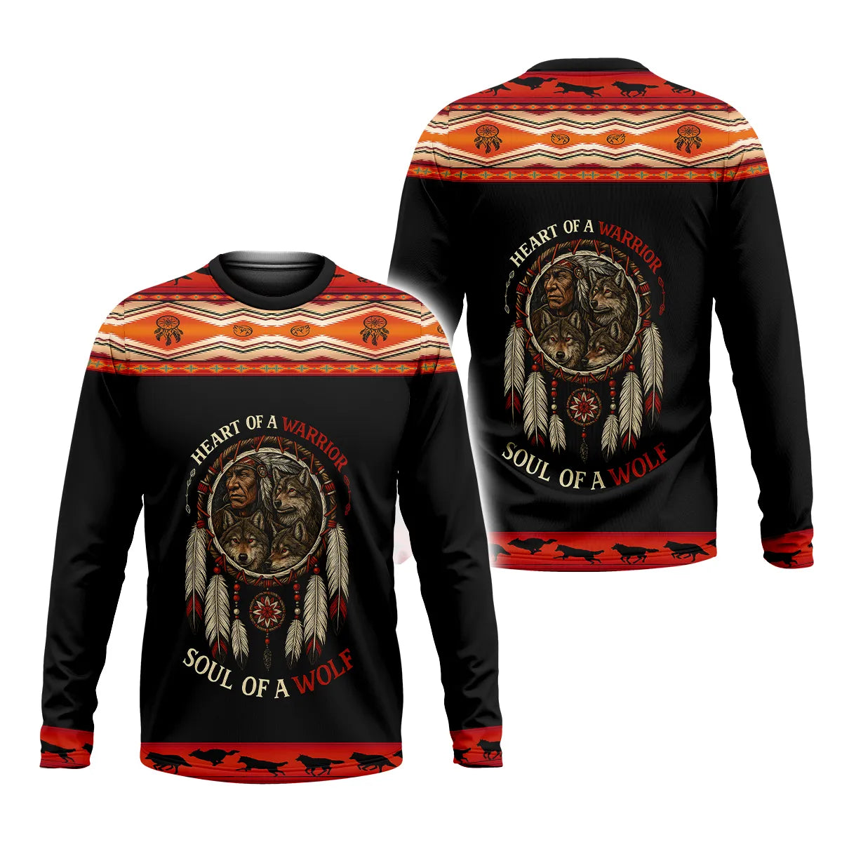 A Long sleeve T shirt with a bold Native American-inspired design combining wolf and warrior imagery with a dreamcatcher motif.
