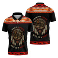 A polo shirt with a bold Native American-inspired design combining wolf and warrior imagery.