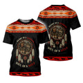 A T-shirt with a bold Native American-inspired design combining wolf and warrior imagery with a dreamcatcher motif.