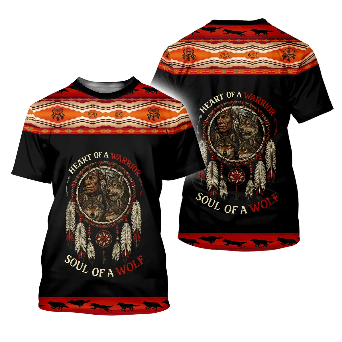 A T-shirt with a bold Native American-inspired design combining wolf and warrior imagery with a dreamcatcher motif.