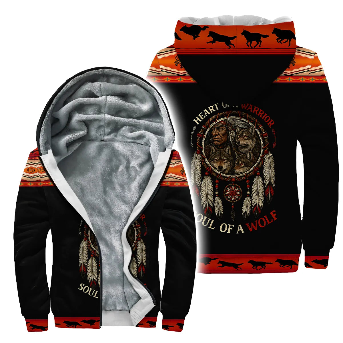 A velvet jacket with a bold Native American-inspired design combining wolf and warrior imagery with a dreamcatcher motif.
