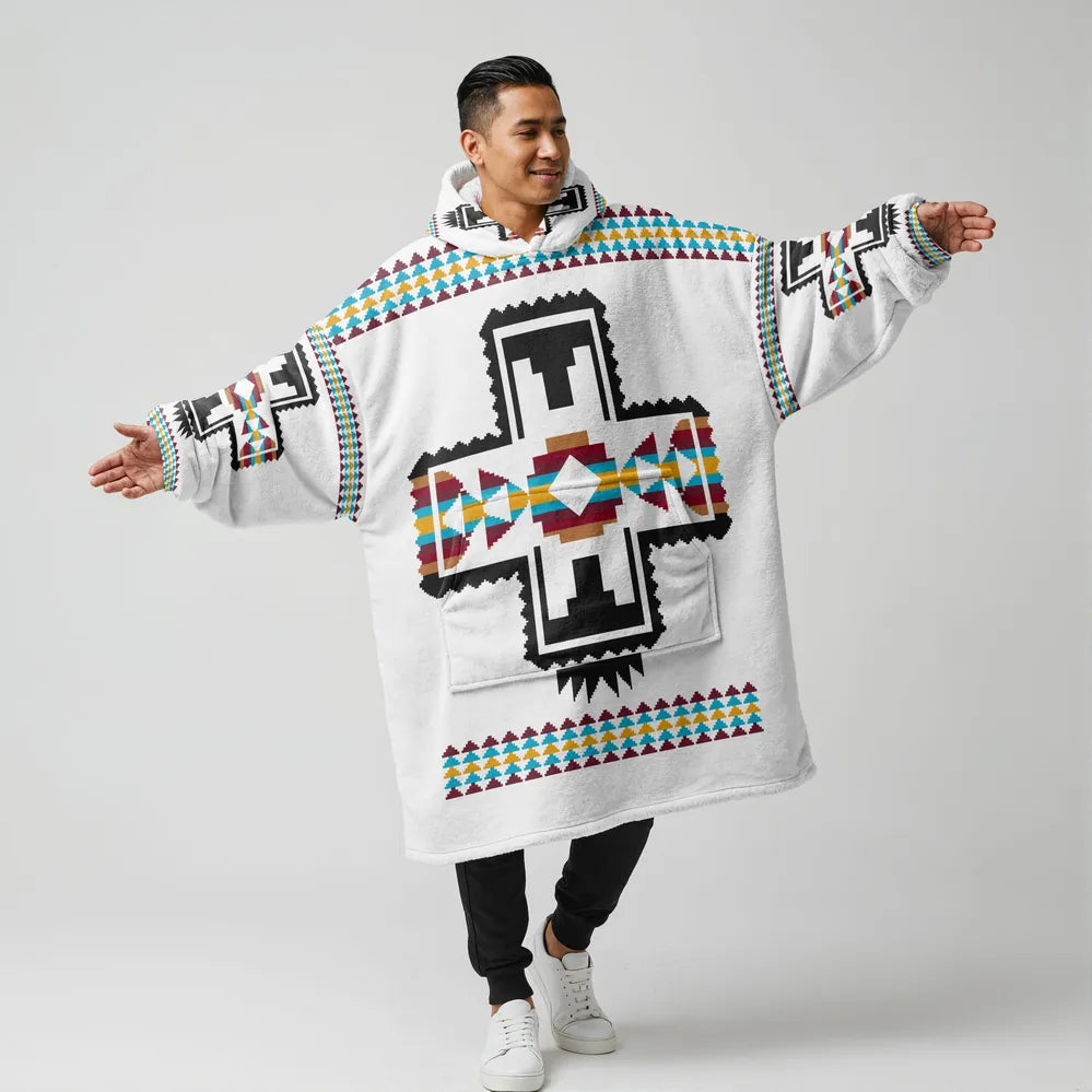 Model posing in a white wearable blanket hoodie decorated with black Zia sun symbols and buffalo silhouettes, hood up for extra warmth
southwest-geometry-snug-hoodie