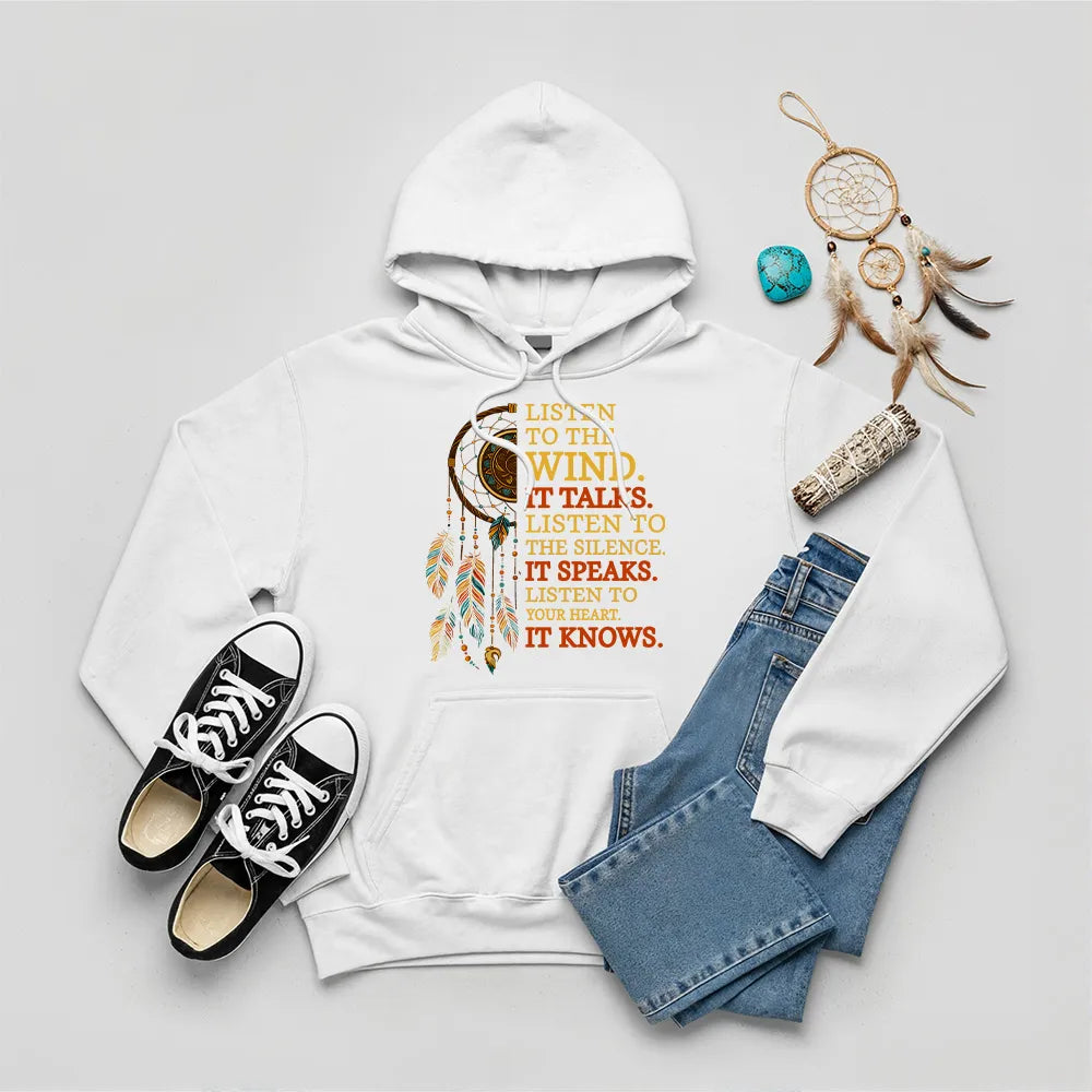 White hoodie with Native American dreamcatcher design and inspirational wind quote